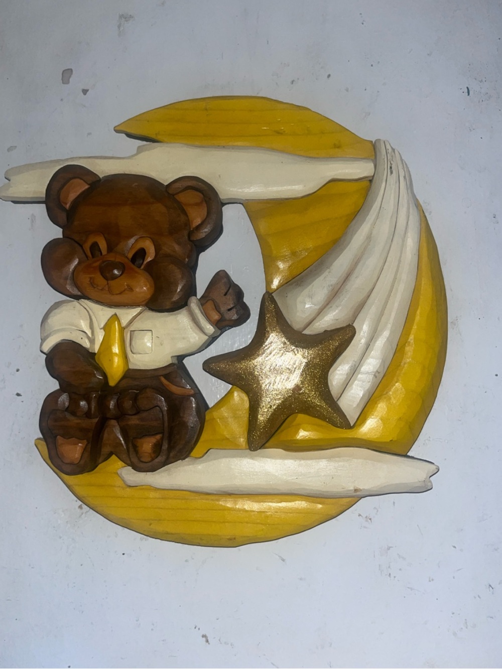 Hand-Carved Wooden Bear on Crescent Moon Wall Art - Yellow & Brown & a unicorn. - Picture 2 of 10
